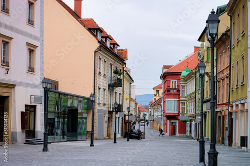 Cityscape of Celje old town in Preshernova Street in Slovenia. Architecture in Slovenija. Travel