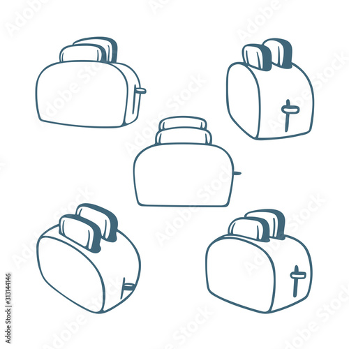 Toaster. Hand drawn toaster with toasted bread inside. Sketch drawing toaster illustrations collection isolated on white background. Part of set.