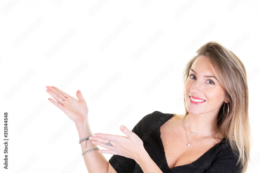 young happy blonde woman presenting your product in hand aside white empty copy space background young happy blonde woman presenting your product in hand aside white empty copy space background