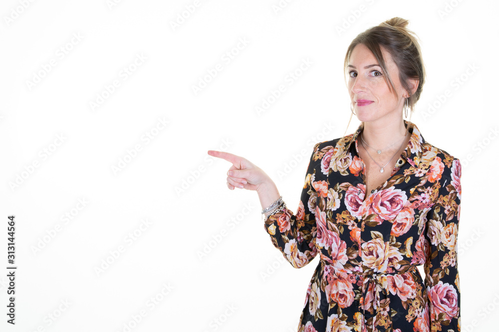 Young woman over isolated white background pointing finger to the side empty white background Young woman over isolated white background pointing finger to the side empty white background