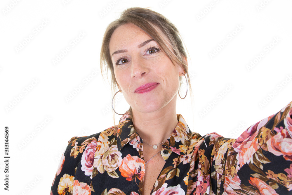 Beautiful young woman take selfie with phone camera smartphone Beautiful young woman take selfie with phone camera smartphone
