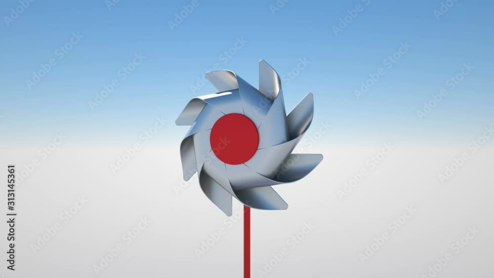 The wind blows into a metal spinner on a stick causing it to rotate in different directions. Seamless loop.