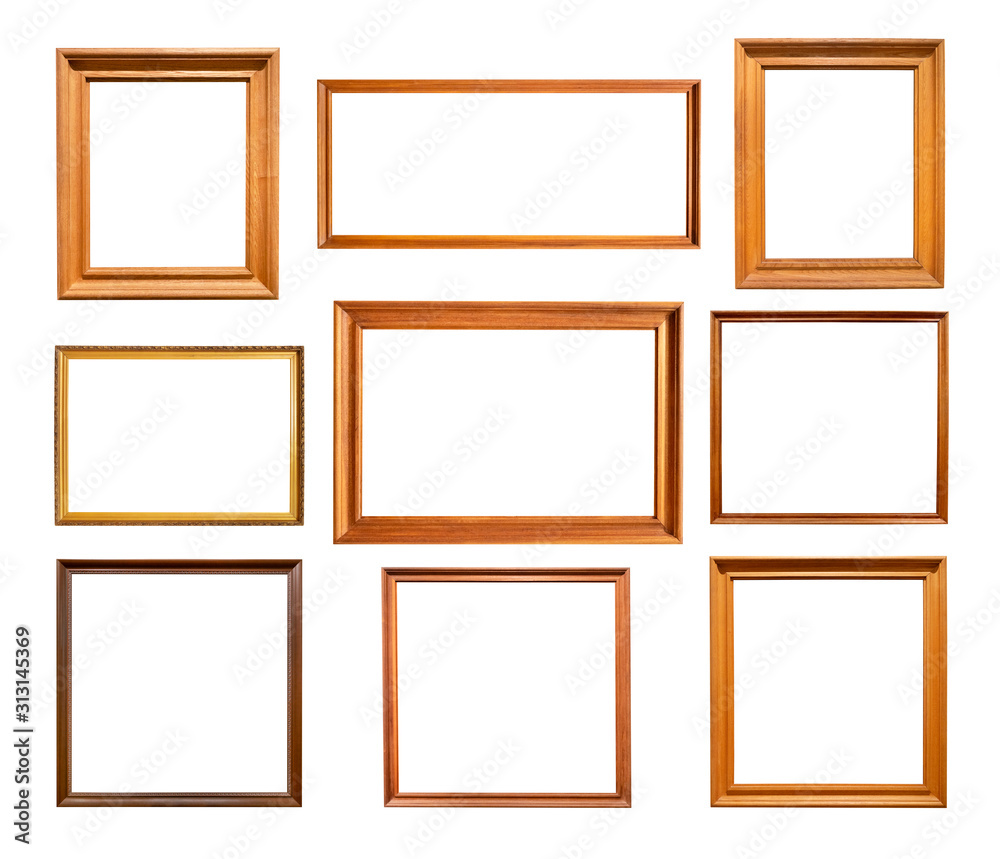 nine various simple wooden picture frames cutout - obrazy, fototapety, plakaty 