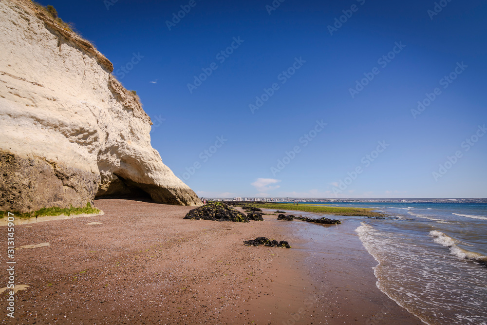 Landscape view of rocks on the beach against sea in Puerto Madryn, Patagonia, Argentina