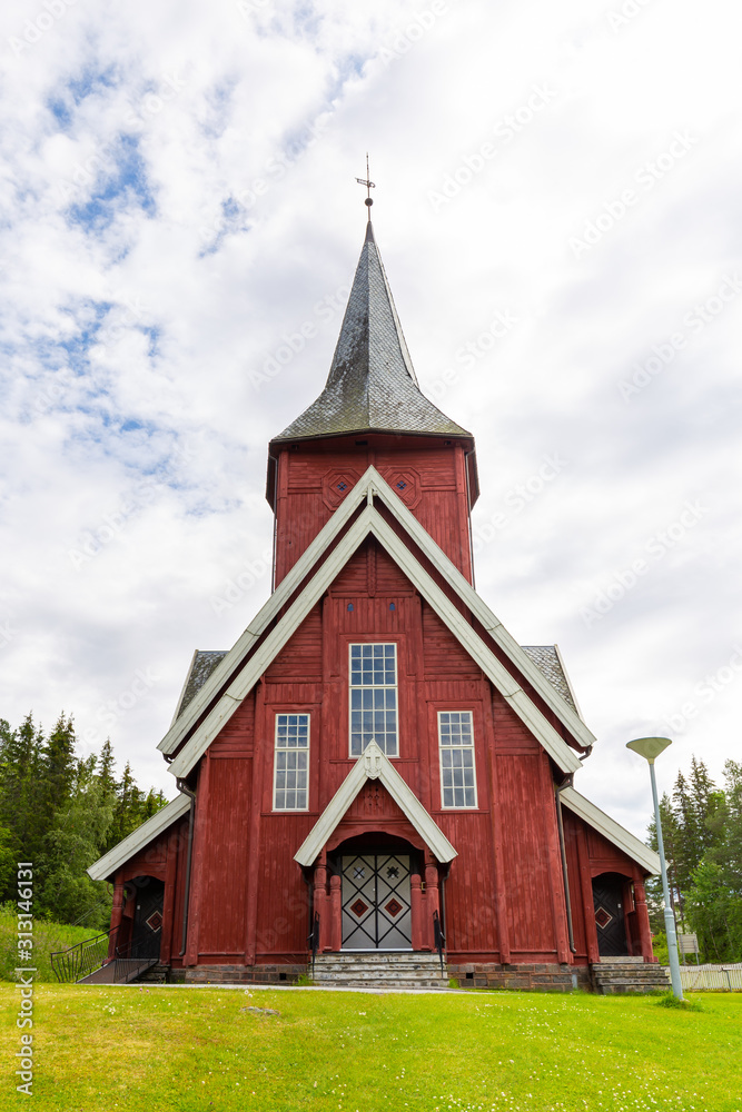 Pictureque wooden Hol church (Hol kirke) in Leknes on the island Vestvagoy in Nordland county, Norway