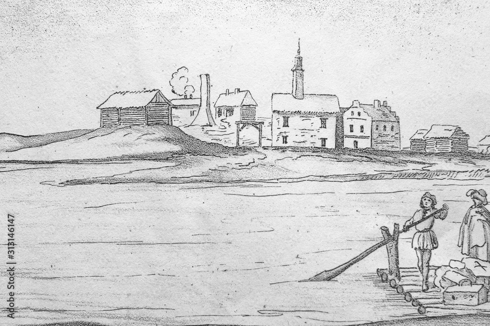 passing-on-the-raft-across-river-to-houses-in-the-old-book-sketc-stock