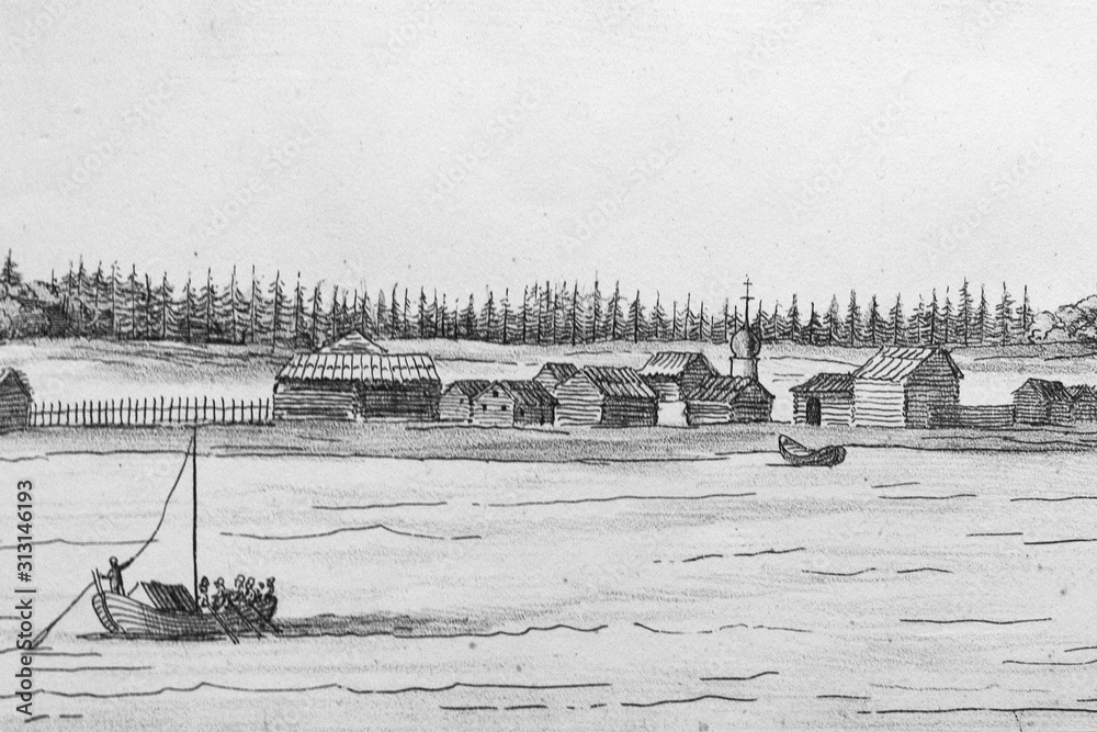 Fototapeta premium Sailboat on the river and wooden village on the shore in the old