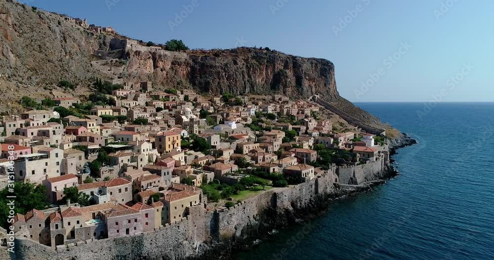 Aerial view of the old town of Monemvasia in Lakonia of Peloponnese, Greece. Aerial view of the old town of Monemvasia in Lakonia of Peloponnese, Greece.