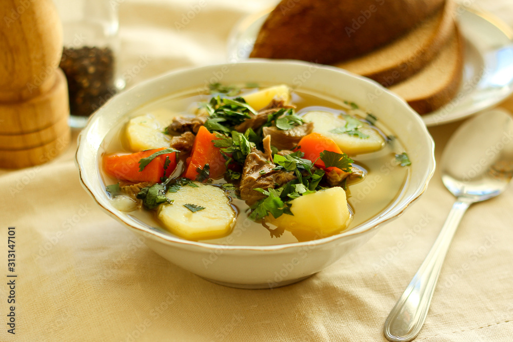 Shurpa soup, Lamb soup, oriental cuisine, close up Shurpa soup, Lamb soup, oriental cuisine, close up