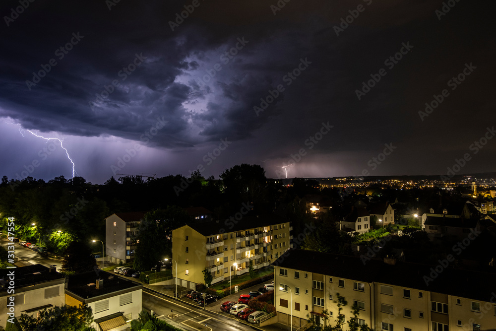 Thunderstorm, blitz, in Konstanz Germany during the night over the lake
