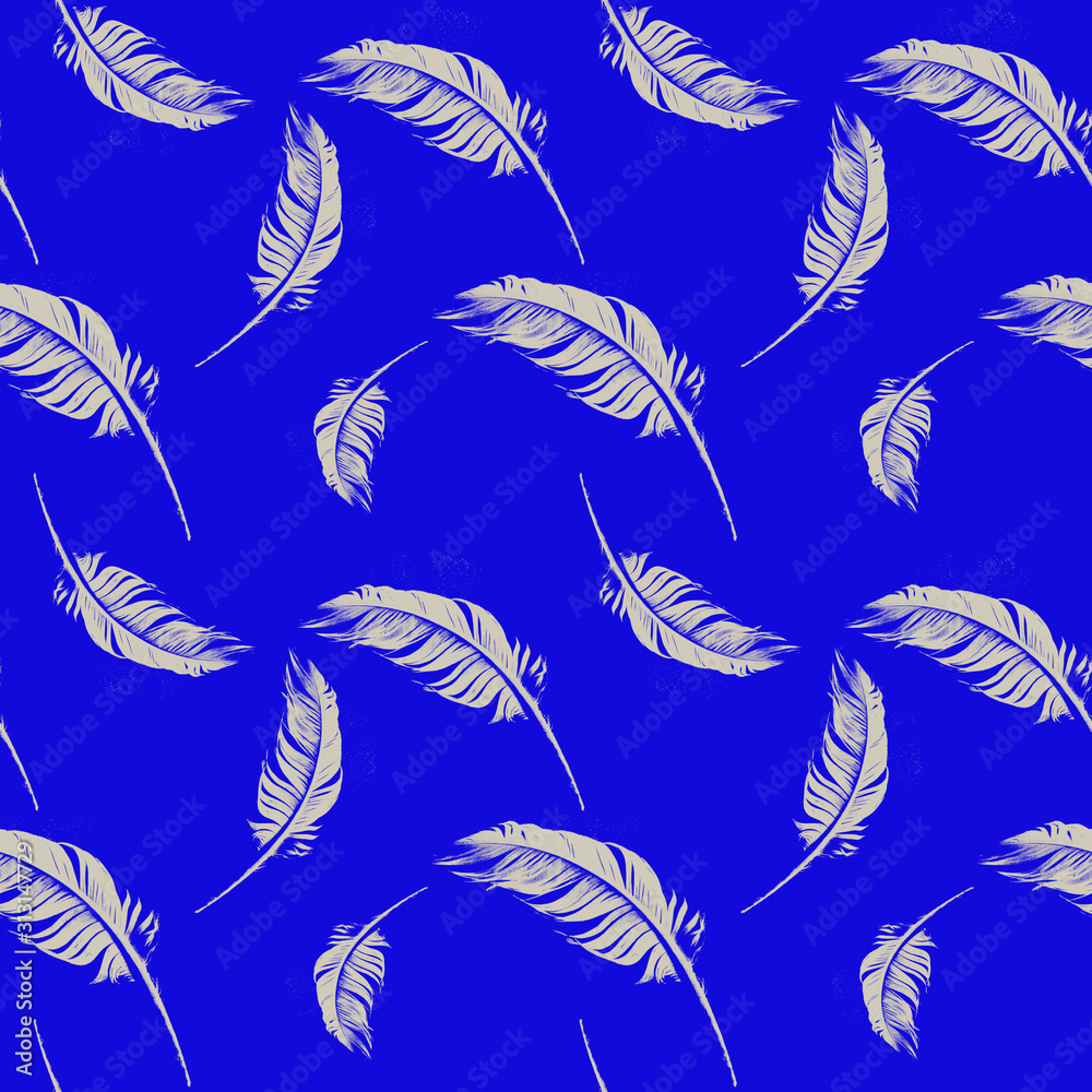 Blue Seamless pattern with white hand-drawn feathers, Great for wedding decor, wrapping paper, background, fabric print, web page backdrop, wallpaper