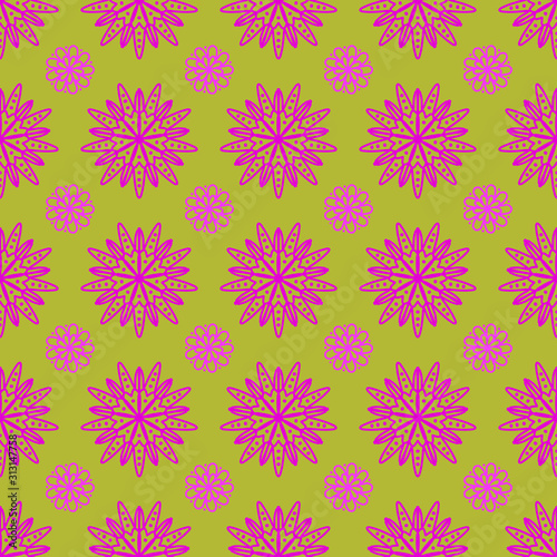 Yellow tile pattern  seamless with pink floral ornaments  for kitchen wallpaper or bathroom flooring. can be used as wrapping paper, fabric print, web page backdrop, card © Olena