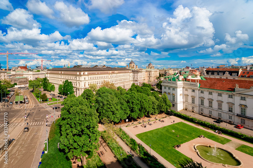 Photography Skyline and cityscape at Weghuberpark Park with fountain and Ministry of Constitutional Affairs, Reforms, Deregulation and Justice in Vienna in Austria