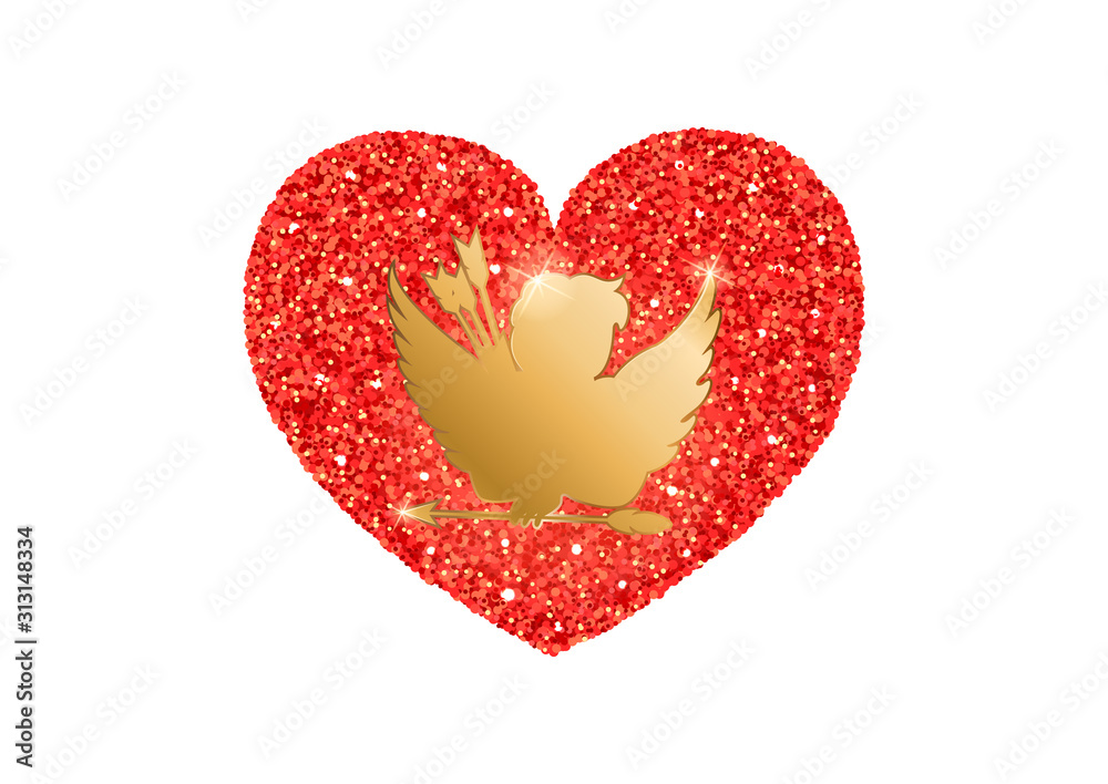 Red glitter heart with golden cupid silhouette. Valentine's day design vector illustration on white background.