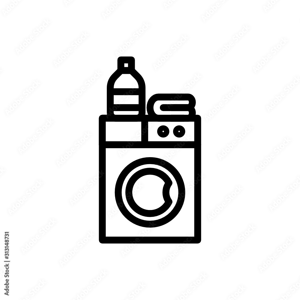 Washing Machine. Towels. Laundry Detergent. Vector Line Icon. Washing Machine. Towels. Laundry Detergent. Vector Line Icon.