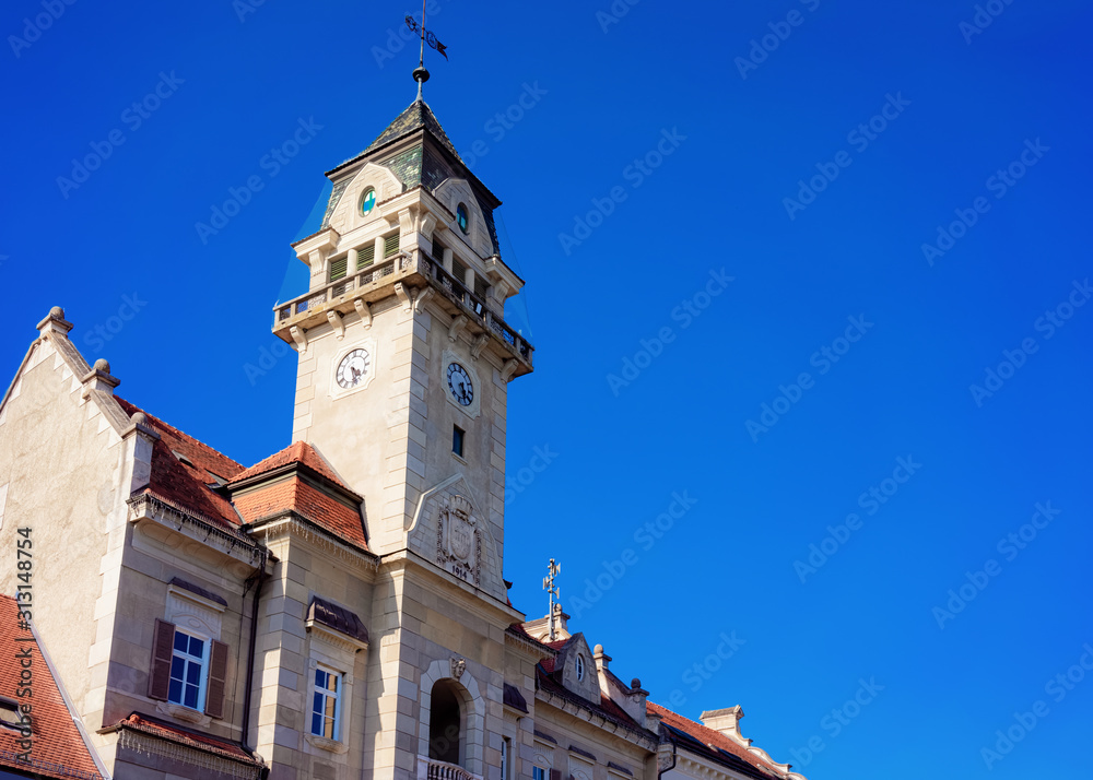 Town Hall in town Leibnitz in Styria of Austria. Street architecture. Blue sky on the background.