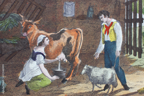 Woman milks a cow, man with a sheep speaks to her about somethin