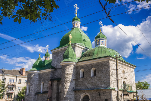 Nativity Church with green domes in Ternopil city, Ukraine photo