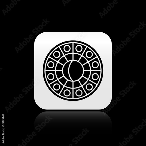 Black Astrology horoscope circle with zodiac icon isolated on black background. Silver square button. Vector Illustration