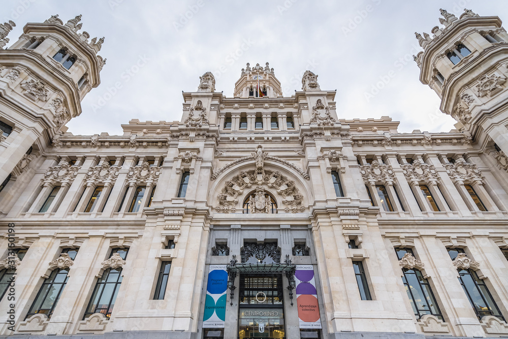Madrid, Spain - January 22, 2019: Front facade of Cybele Palace - City Council of Madrid capital city
