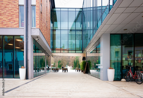 Modern glass library building in the center of Celje old town in Slovenia. Architecture in Slovenija.