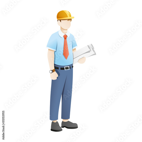 Engineer carry blue print sheets on white background