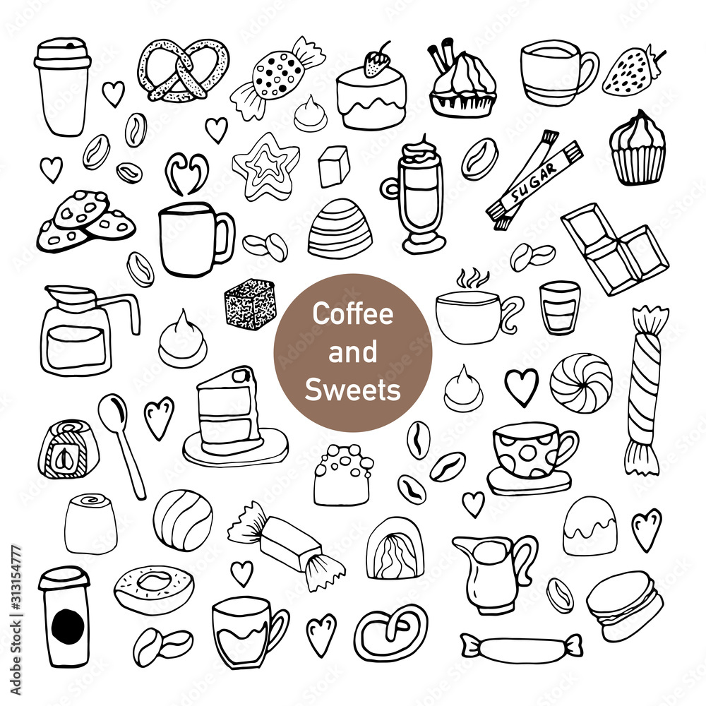 Tasty hand dawn vector set with coffee, cacao, warm beverage and candy. Doodle icon set for winter design and decoration. Isolated on white background