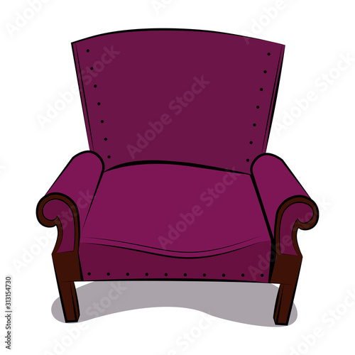 Old classic armchair in crimson velvet color. Vector illustration.