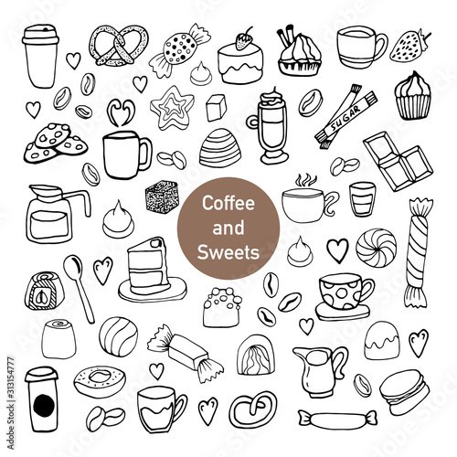 Tasty hand dawn vector set with coffee  cacao  warm beverage and candy. Doodle icon set for winter design and decoration. Isolated on white background