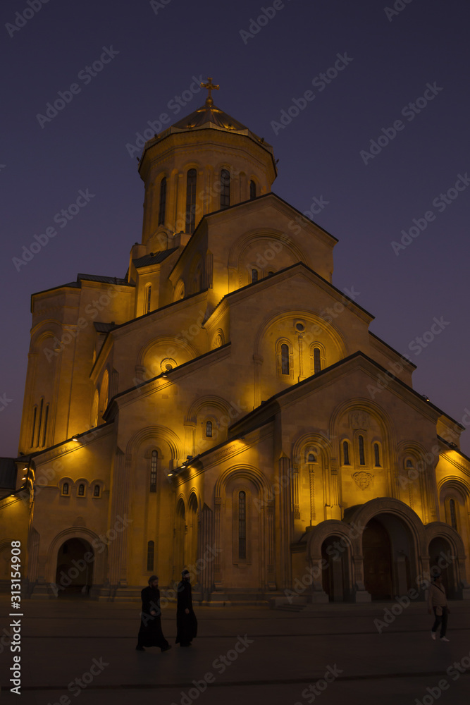 Tbilisi Holy Trinity Cathedral, Sameba, Georgia in the evening, October 2019