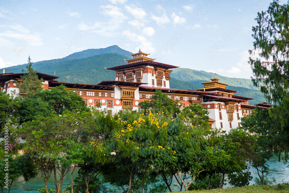 The Dzong Monastery in Bhutan Himalayas mountain The Dzong Monastery in Bhutan Himalayas mountain
