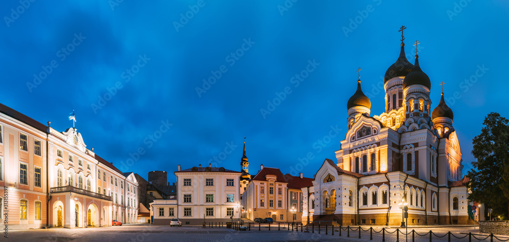 Tallinn, Estonia. Building Of Government Of Republic Of Estonia And Alexander Nevsky Cathedral. Estonian Parliament RiigikoguIn Night Time. Famous Orthodox Cathedral. Panorama, Panoramic View