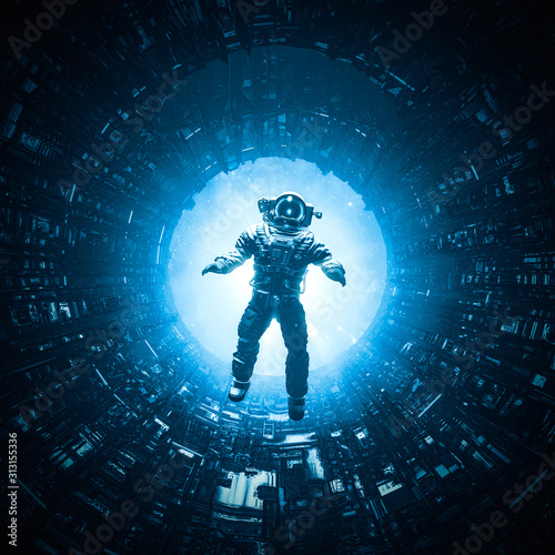 Fototapeta Naklejka Na Ścianę i Meble -  Dangers of space travel / 3D illustration of astronaut floating in dark mysterious space station corridor