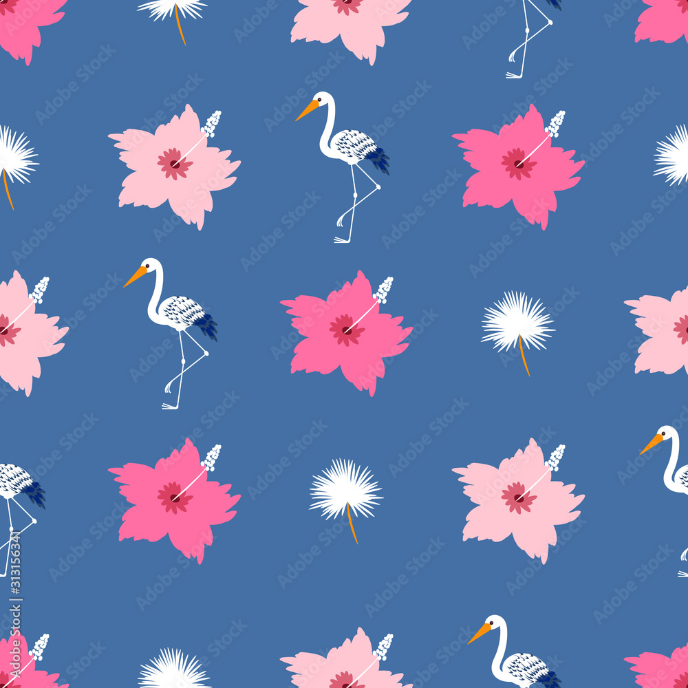 Seamless Tropical Vector Pattern with colorful hibiscus flowers, dandelions and elegant storks