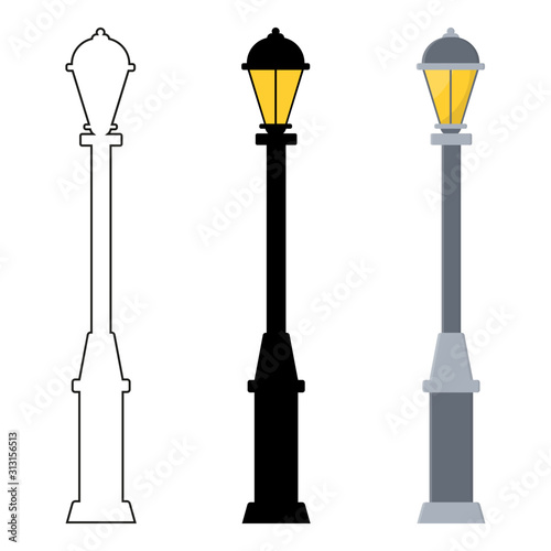 Outline, black silhouette, cartoon streen lights set isolated on white background. Vintage street lights. Elements for landscape construction. Vector illustration for any design.