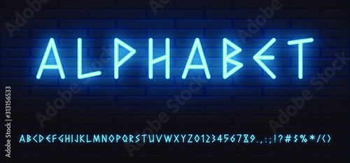 blue neon font greek style. letters, numerals, signs, symbols and icons for advertising and web design