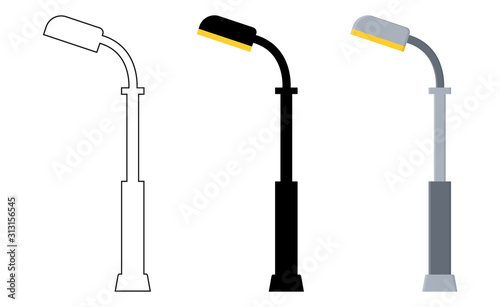 Outline, black silhouette, cartoon streen lights set isolated on white background. Vintage street lights. Elements for landscape construction. Vector illustration for any design.