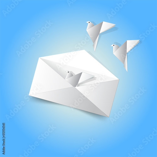 White paper envelope with birdsWhite paper birds fly out of the envelope, vector illustration.