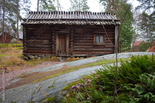 Ancient authentic wooden house of the 17th century in a forest on the island of Seurasaari in Helsinki, Finland, a cloudy day in late autumn.