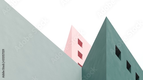 Architectural background of buildings with stairs and arches. Bright castle, ancient housing against the blue sky - 3D, render. Banner, card for travel, presentations, advertising with copy space.