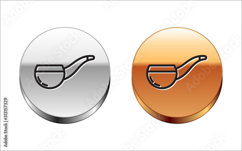 Black line Smoking pipe with smoke icon isolated on white background. Tobacco pipe. Silver-gold circle button. Vector Illustration