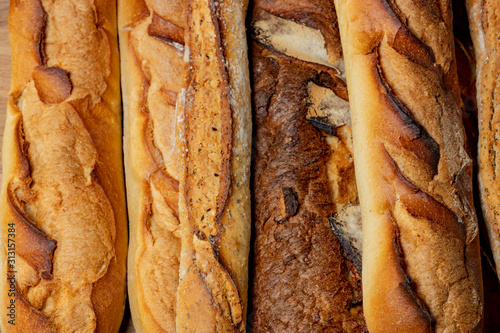 French baguettes. Fresh crisp bread. Bread background.