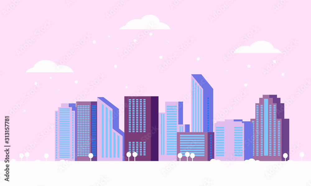 Fototapeta premium Winter city landscape with snow and clouds. Vector illustration