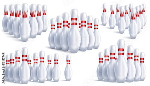 Skittles for bowling. Five sets of ten in each, arranged for the game. Different angles and types. In realistic 3D style isolated on white background. Vector illustration.