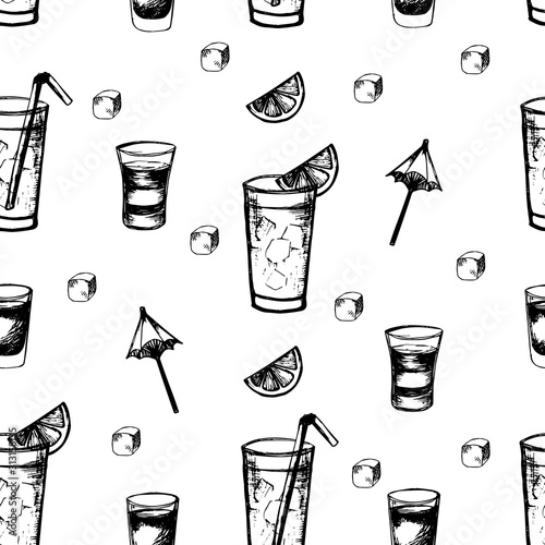 Vector pattern with alcohol cocktails and slice fruits. Hand drawn elements for summer menu, invitations, vacation design.
