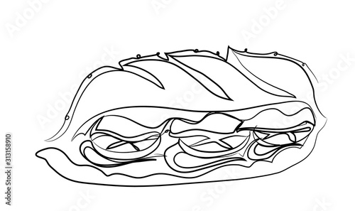 One continuous line drawing of fresh sandwich. Simple line art drawing of fast food