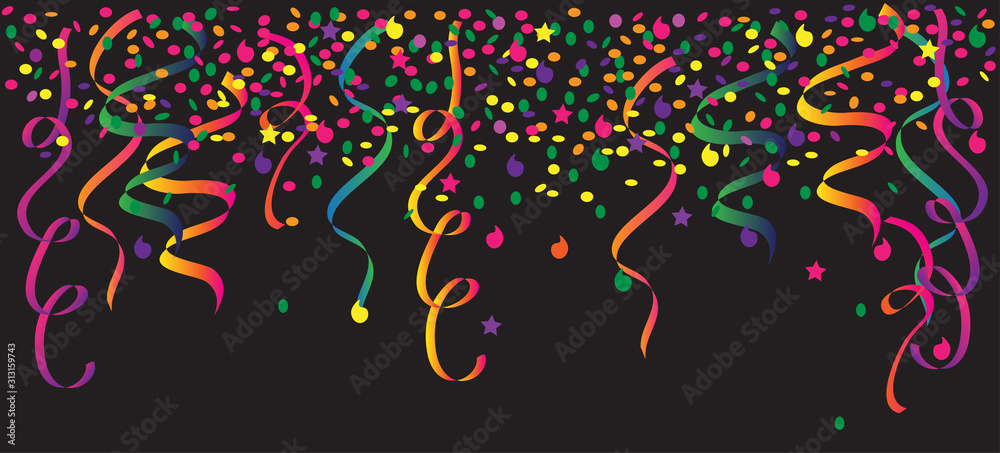 Colorful streamers and confetti on black background vector illustration.