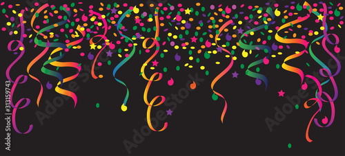 Colorful streamers and confetti on black background vector illustration.