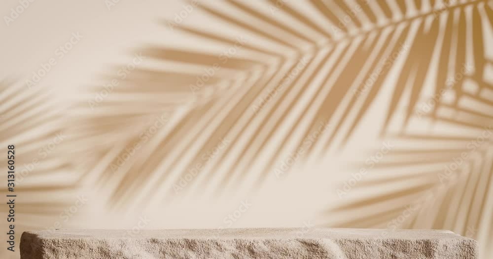 Cosmetic background for product presentation. Cream sand stone podiums on cream background with loop motion shadow of leaf. 4k UHD 3d render animation illustration.