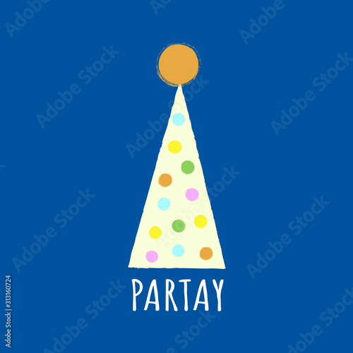 Party hat with polka dots isolated on a blue background, with text saying PARTAY